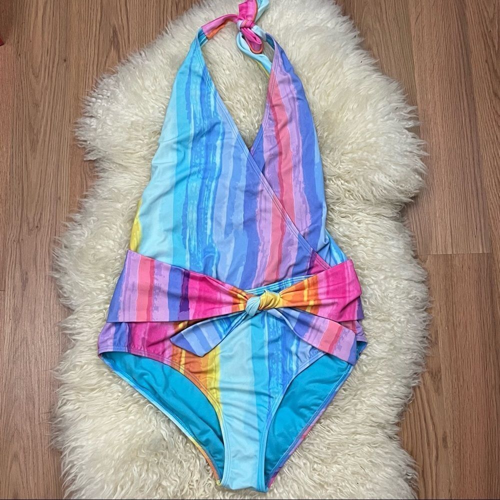 Rachel Roy Multi Stripe Watercolor One Piece Swimsuit L